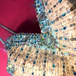 Exquisite Retro Bejeweled Sequined Aqua Chiffon w.Petticoat MoriLee Strapless